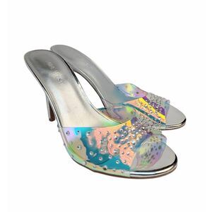 Nine West iridescent rhinestone silver open toe mule heels womens 8.5